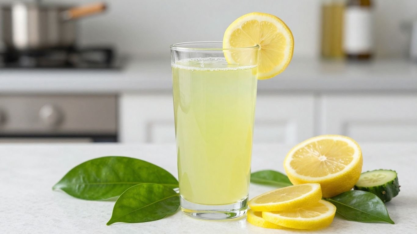 Suco verde em copo com limão e pepino ao lado.
