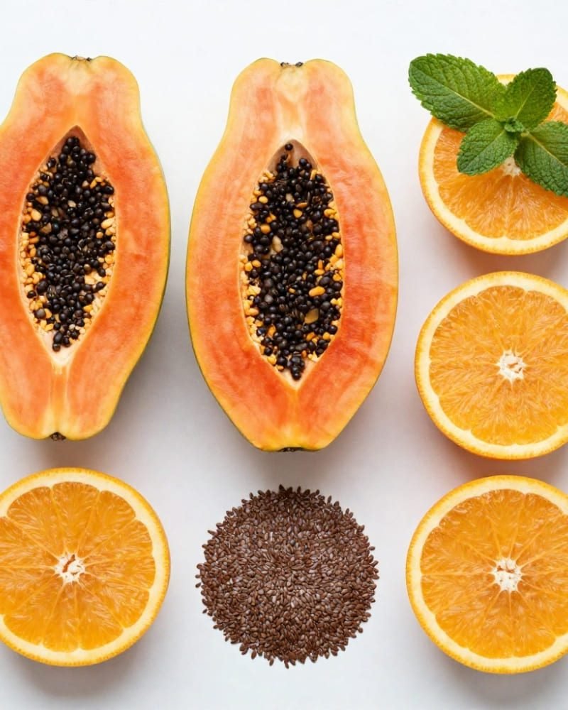ingredientes naturais para suco detox intestino preso mamão laranja linhaça hortelã
