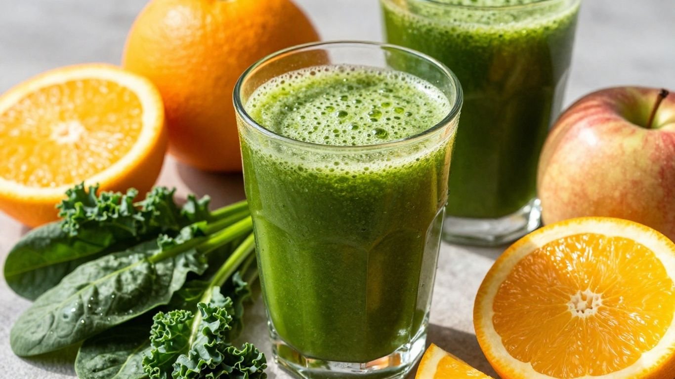 Suco detox verde vibrante com frutas frescas ao redor.