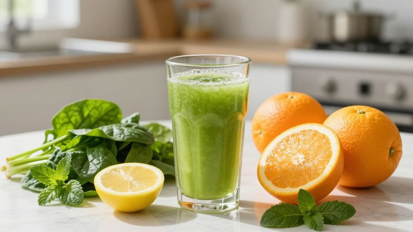 Suco detox com frutas e folhas verdes frescas.