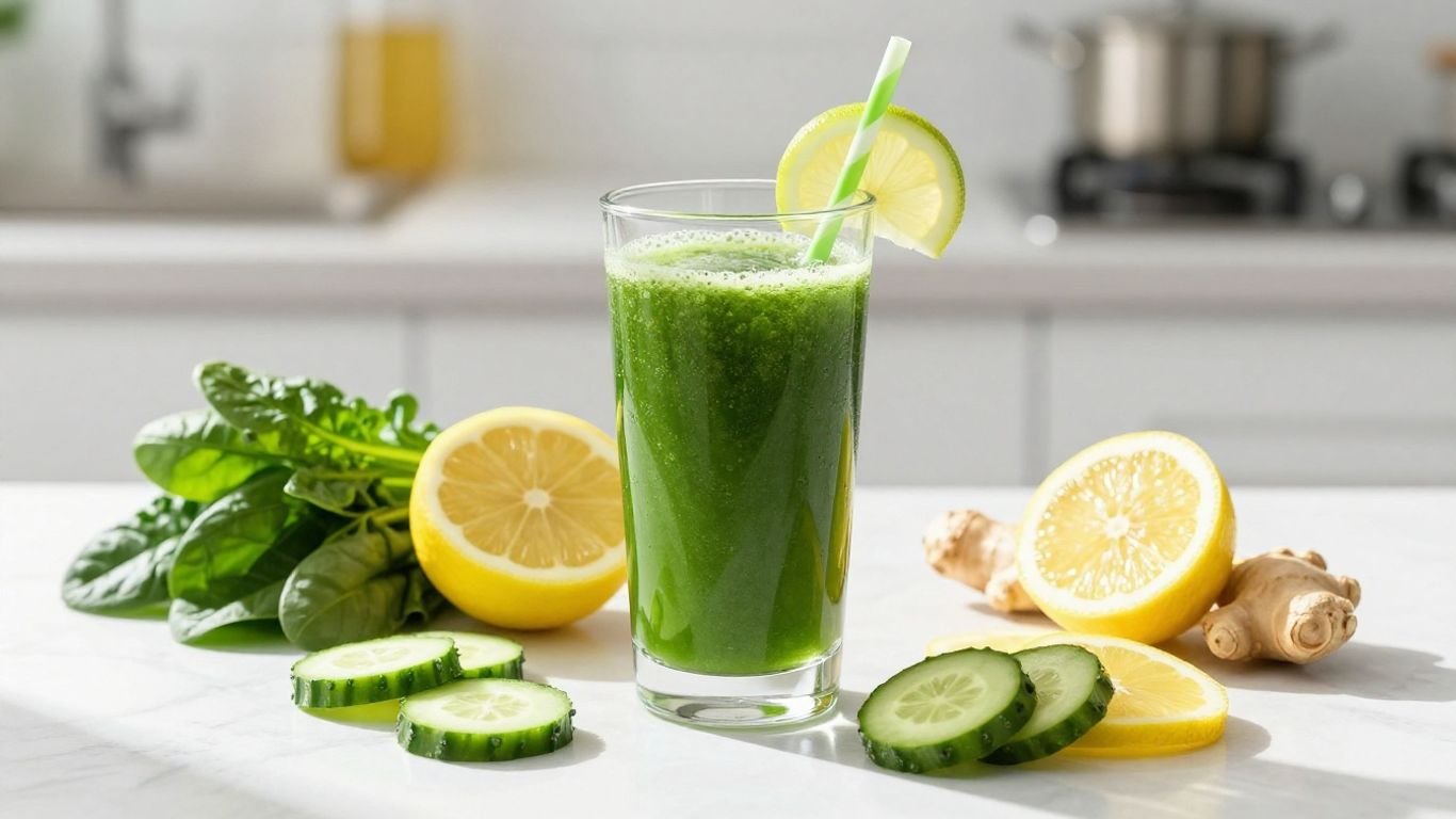 Suco detox verde com frutas e vegetais frescos.