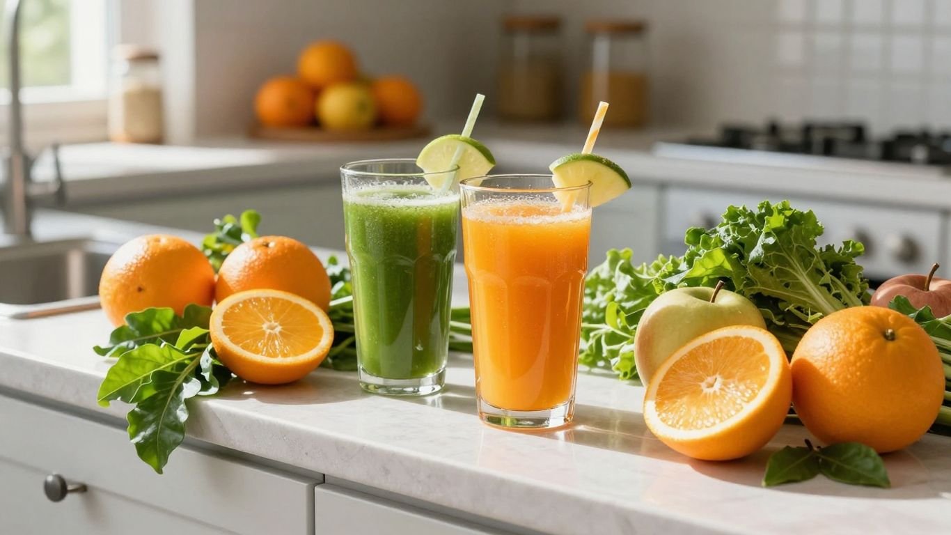 Suco detox com frutas frescas e luz natural.