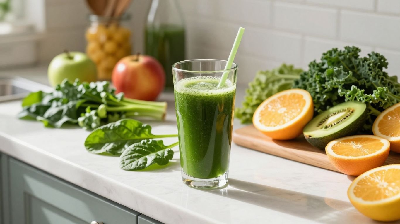 Suco detox com frutas e folhas verdes frescas.